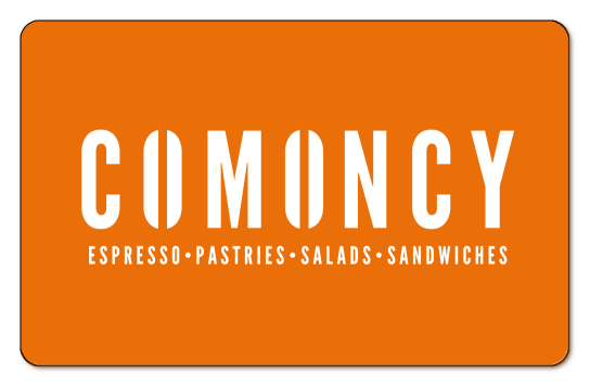 comoncy white logo on orange background